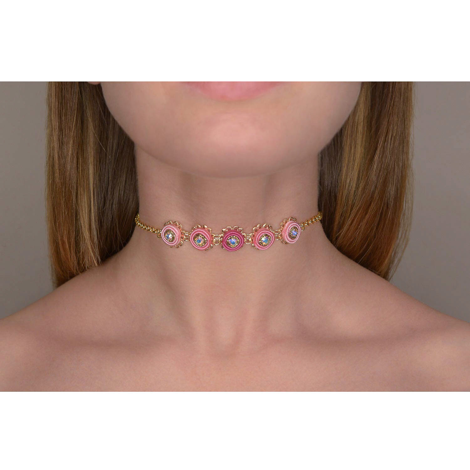 collana choker lunghezza regolabile passamaneria fucsia e rosa in bronzo con moduli rotondi DIVAG