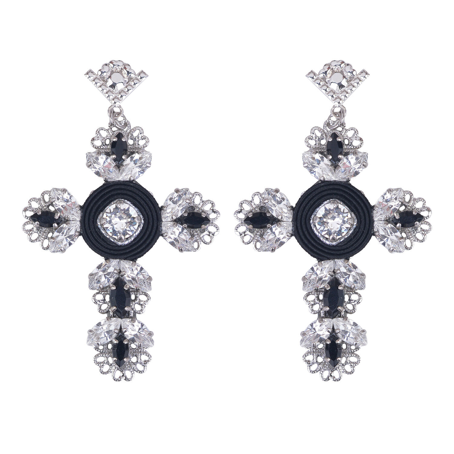 Croci con cristalli swarovski su orecchini da donna pendenti grandi neri e argento