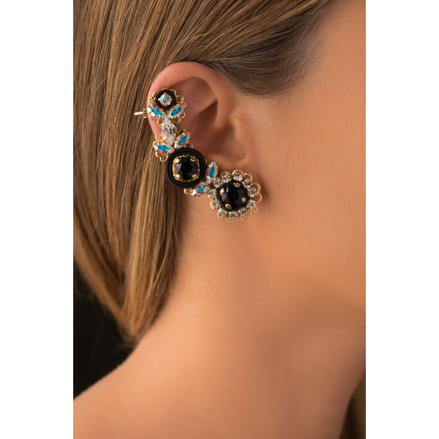 Ear cuff orecchini donna foglie e fiori cristalli swarovski e zirconi colorati, dettagli in stoffa seta nero