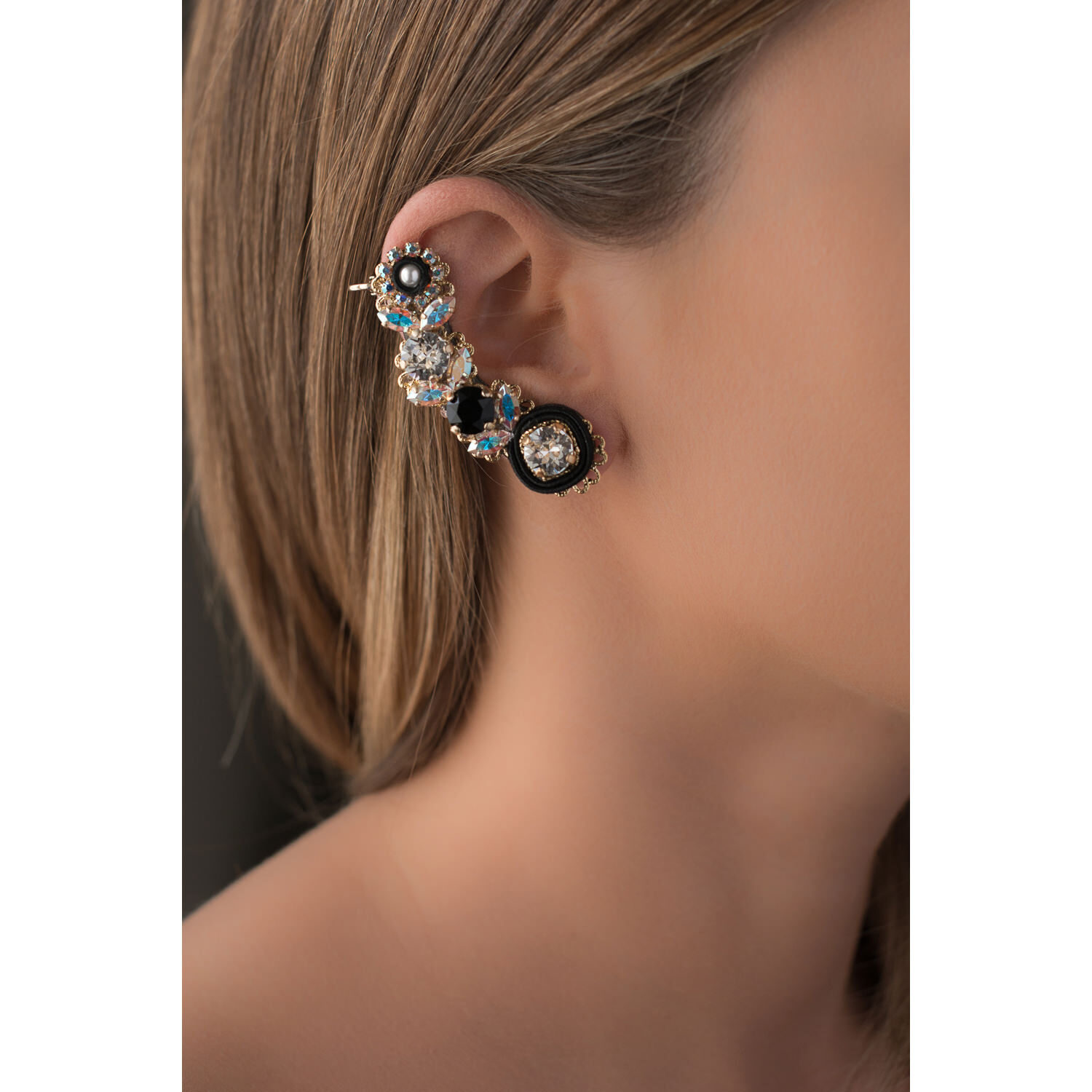 Ear cuff comodo orecchino donna foglie e fiori cristalli swarovski e zirconi colorati, dettagli in stoffa seta