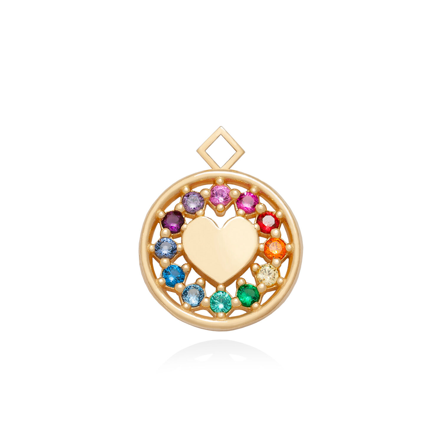 Pendente a forma di moneta con pietre zirconi colorati arcobaleno e cuore in argento 925 placcato oro. gioielli artigianali fatti in Italia